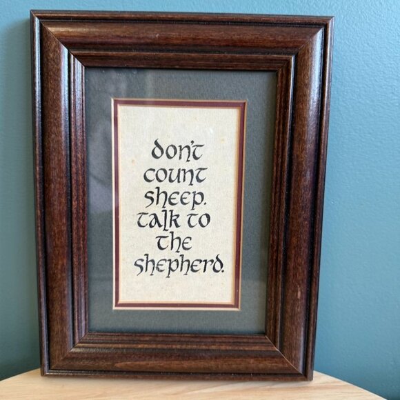 Framed Wall Art With "Dont Count Sheep Talk To The Shepherd" Text In Dark Wood F - Picture 1 of 10